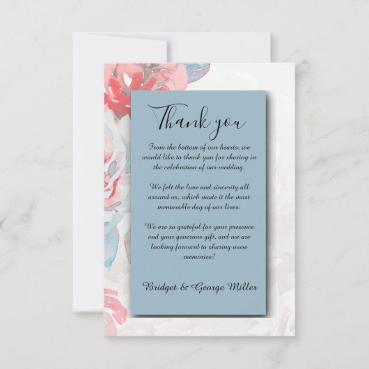 ほこりっぽい青シックフローラ水カラーバラ結婚ズ サンキューカード (正面)