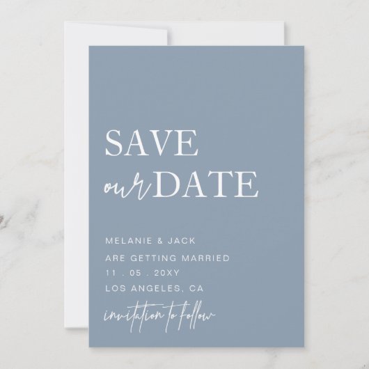 ほこりっぽい青シンプルい書道の日付を保存 セーブザデート (正面)