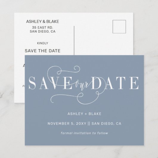 ほこりっぽい青シンプルい書道の日付を保存 案内ポストカード (正面/裏面)