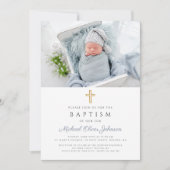 ほこりっぽい青ストライプ色の女の子の洗礼 招待状 (正面)