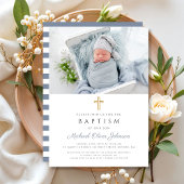 ほこりっぽい青ストライプ色の女の子の洗礼 招待状