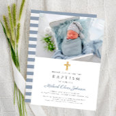 ほこりっぽい青ストライプ色の女の子の洗礼 招待状