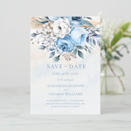 ほこりっぽい青バラの結婚緑の写真の救日付 招待状 (スタンド正面)