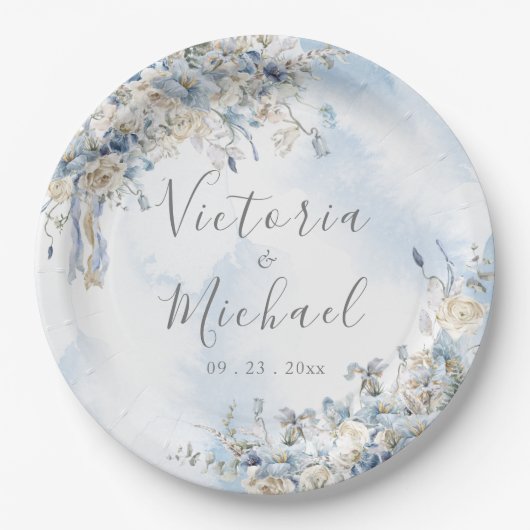 ほこりっぽい青バラフローラ水色結婚の ペーパープレート (正面)