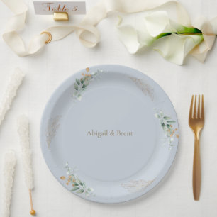 ほこりっぽい青パーソナライズされたと金ゴールド結婚の葉 ペーパープレート