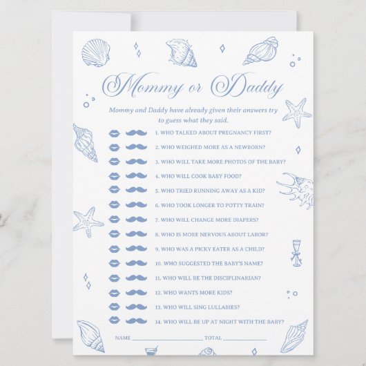 ほこりっぽい青ビーチ赤ちゃんシャワー推測誰のゲームカード 招待状 (正面)