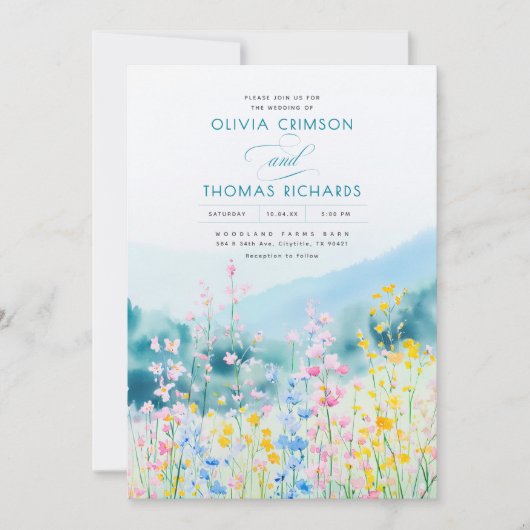 ほこりっぽい青ピンクと黄色の野結婚花 招待状 (正面)