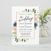 ほこりっぽい青ピンクのバラの書道結婚の 招待状 (スタンド正面)