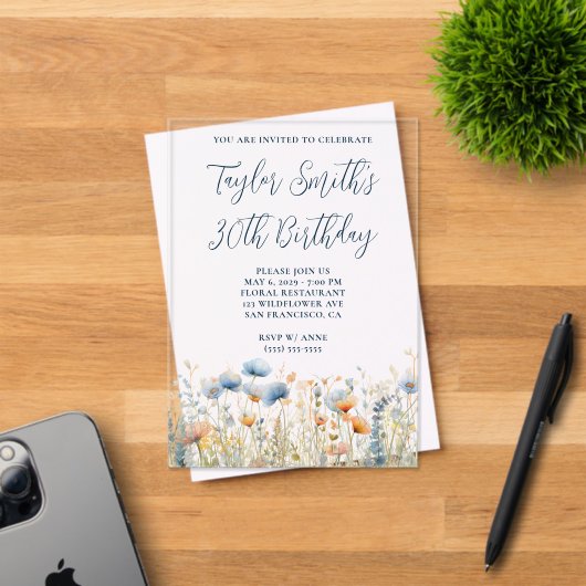 ほこりっぽい青ピーチ野花30th誕生日 アクリル招待状 (インサイチュ (招待状))