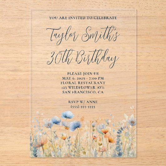 ほこりっぽい青ピーチ野花30th誕生日 アクリル招待状 (正面)