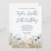 ほこりっぽい青ピーチ野花30th誕生日 招待状 (正面/裏面)