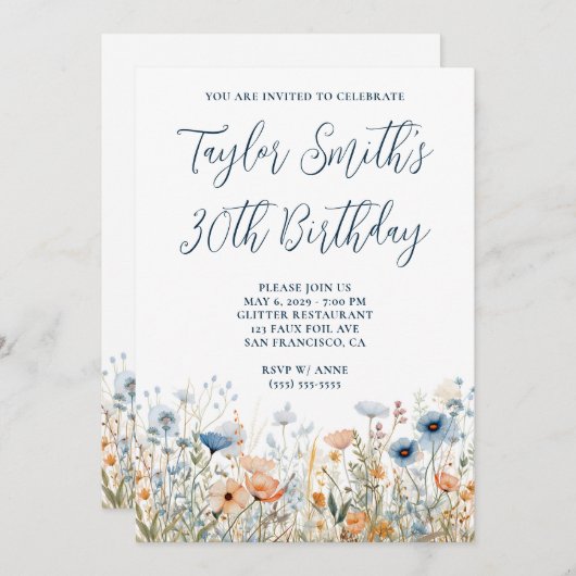 ほこりっぽい青ピーチ野花30th誕生日 招待状 (正面/裏面)