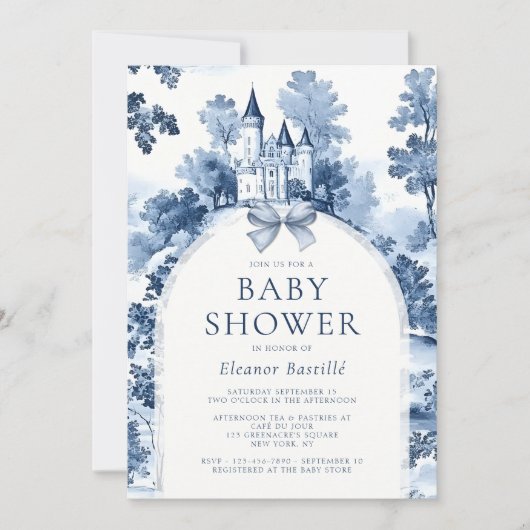 ほこりっぽい青フランスの赤ちゃんシャワー 招待状 (正面)