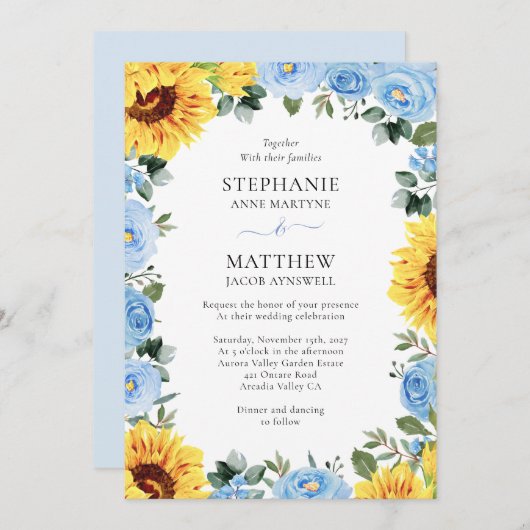 ほこりっぽい青フローラひまわり水結婚色の 招待状 (正面/裏面)
