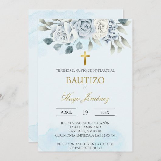 ほこりっぽい青フローラスペインのバプテスマ招待状 招待状 (正面/裏面)