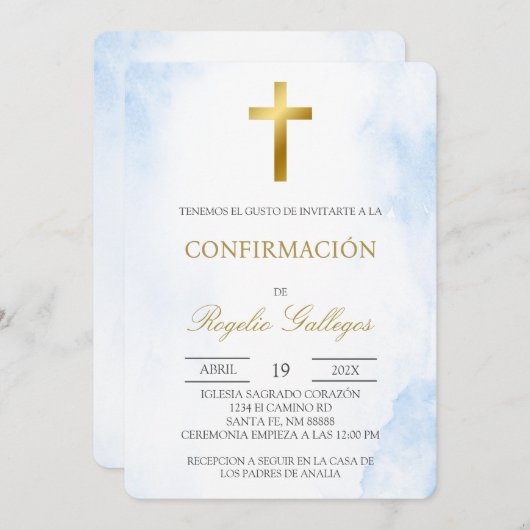 ほこりっぽい青フローラスペインの最初の聖餐式 招待状 (正面/裏面)