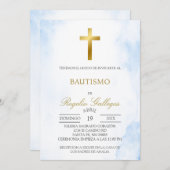 ほこりっぽい青フローラスペインの洗礼 招待状 (正面/裏面)