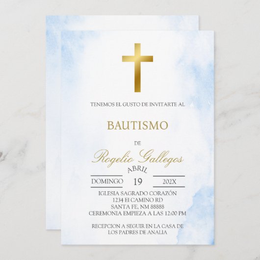 ほこりっぽい青フローラスペインの洗礼 招待状 (正面/裏面)