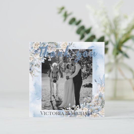 ほこりっぽい青フローラフォトウォーターカラー結婚ズ サンキューカード (スタンド正面)