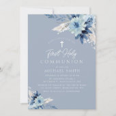 ほこりっぽい青フローラモダン最初の聖餐式 招待状 (正面)