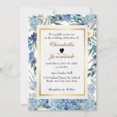 ほこりっぽい青フローラリースの緑結婚の葉 招待状 (正面)