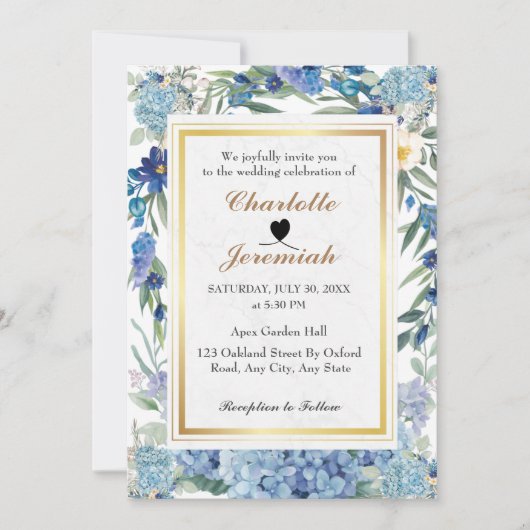 ほこりっぽい青フローラリースの緑結婚の葉 招待状 (正面)