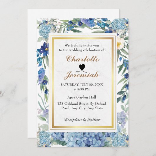 ほこりっぽい青フローラリースの緑結婚の葉 招待状 (正面/裏面)