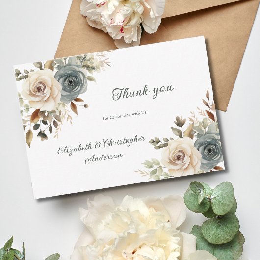 ほこりっぽい青フローラ植物緑結婚の サンキューカード