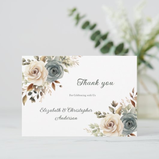 ほこりっぽい青フローラ植物緑結婚の サンキューカード (スタンド正面)