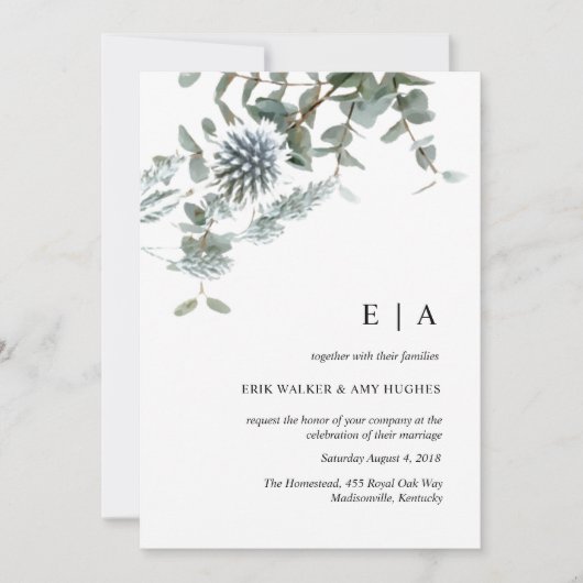 ほこりっぽい青フローラ水彩結婚式招待状 招待状 (正面)