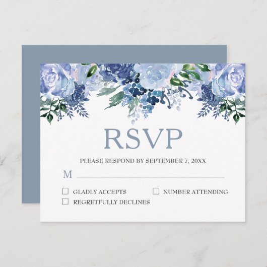 ほこりっぽい青フローラ水結婚色の 出欠カード (正面/裏面)