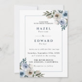 ほこりっぽい青フローラ水結婚色の 招待状 (正面)