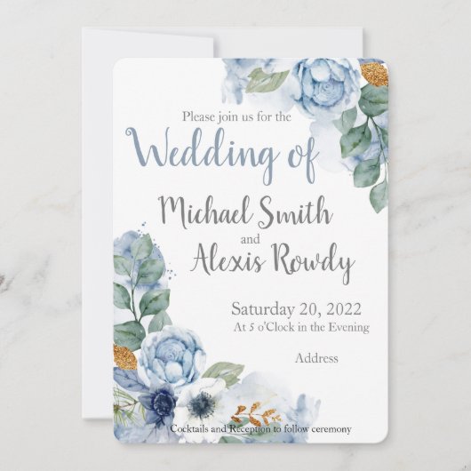 ほこりっぽい青フローラ水色 招待状 (正面)