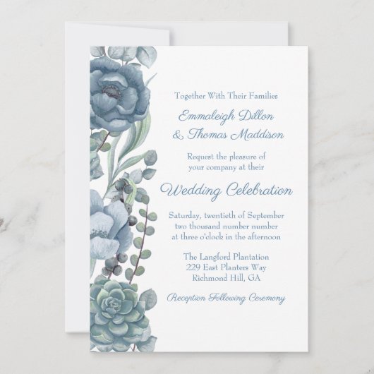 ほこりっぽい青フローラ結婚末 招待状 (正面)