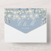 ほこりっぽい青フローラ緑のストリングラ結婚イト オールインワン招待状 (裏面)