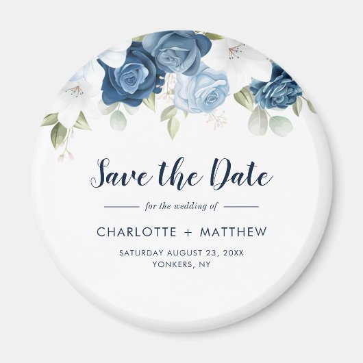 ほこりっぽい青フローラ緑の結婚式の日付を保存 マグネット (正面)