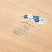 ほこりっぽい青フローラ緑の葉のブライダルシャワー アクリル招待状 (レイダウン)