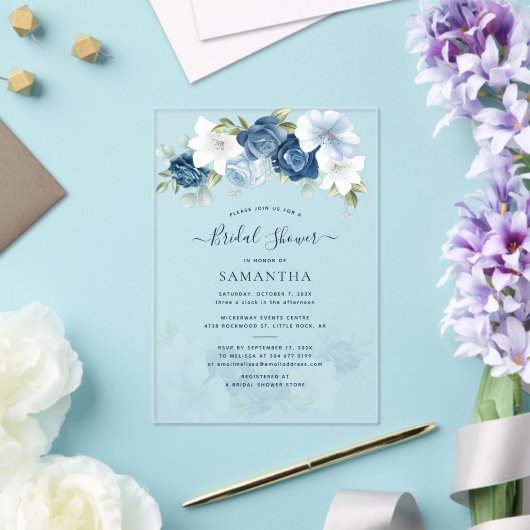 ほこりっぽい青フローラ緑の葉のブライダルシャワー アクリル招待状 (インサイチュ (ウェディング))