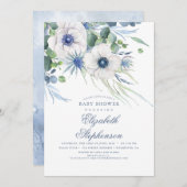 ほこりっぽい青フローラ緑モダンの赤ちゃんシャワー 招待状 (正面/裏面)