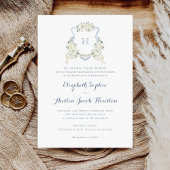 ほこりっぽい青フローラ緑モノグラムクレスト結婚ズ 招待状