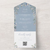 ほこりっぽい青フローラ緑QRコード結婚ズ オールインワン招待状 (内側)