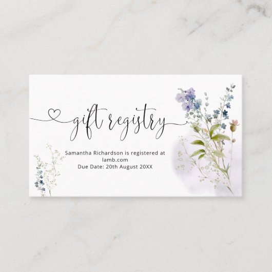 ほこりっぽい青フローラ赤ちゃんシャワーギフトレジストリ 名刺 (正面)