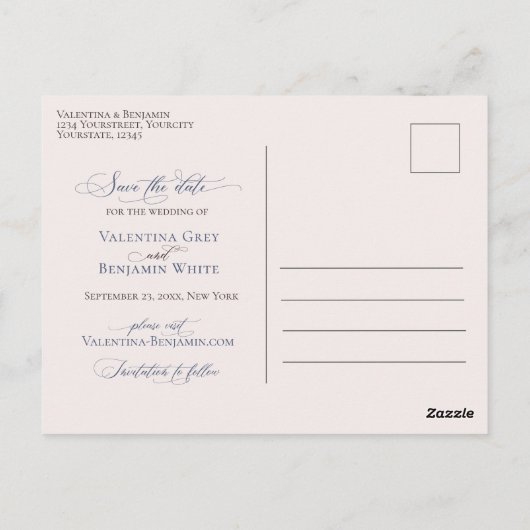 ほこりっぽい青ベージュエレガントフローラ日付の保存 ポストカード (裏面)