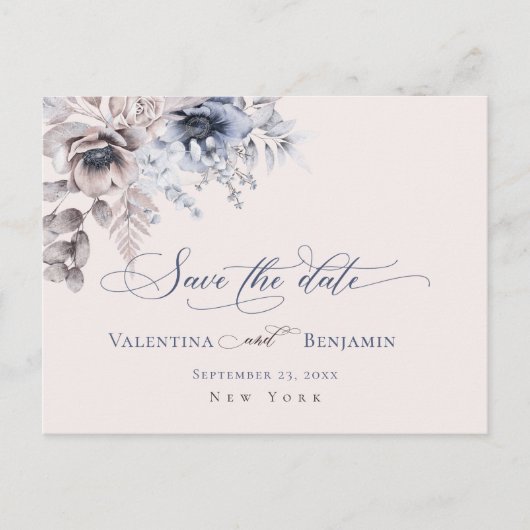 ほこりっぽい青ベージュエレガントフローラ日付の保存 ポストカード (正面)