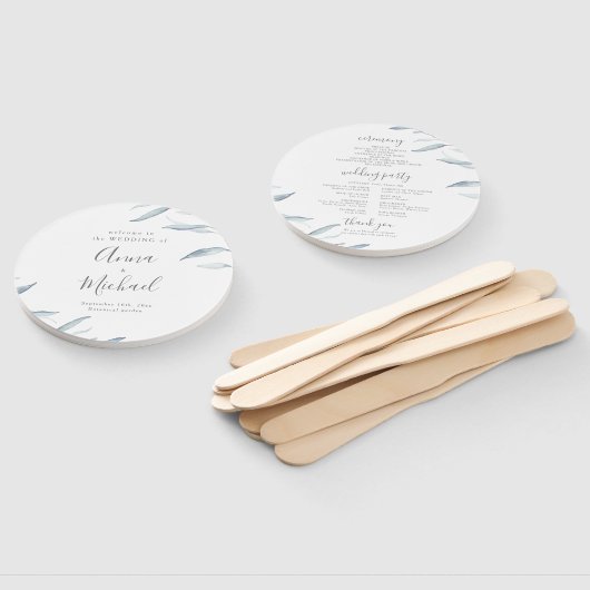 ほこりっぽい青ミニマル緑の素朴な結婚式プログラム ハンドファン (組立なし)