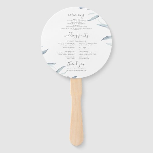 ほこりっぽい青ミニマル緑の素朴な結婚式プログラム ハンドファン (裏面)