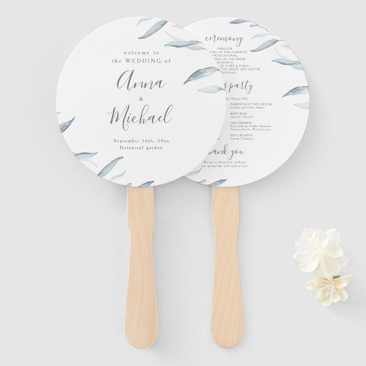 ほこりっぽい青ミニマル緑の素朴な結婚式プログラム ハンドファン (正面&裏面)