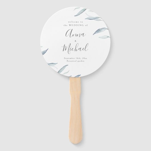 ほこりっぽい青ミニマル緑の素朴な結婚式プログラム ハンドファン (正面)