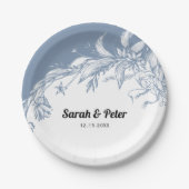 ほこりっぽい青モダンい花結婚タイポグラフィ ペーパープレート (正面)