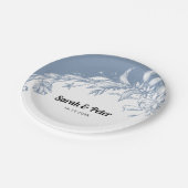 ほこりっぽい青モダンい花結婚タイポグラフィ ペーパープレート (アングル)